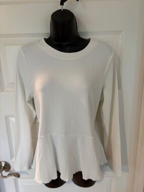 Lands' End White Textured Peplum Crewneck Swim top